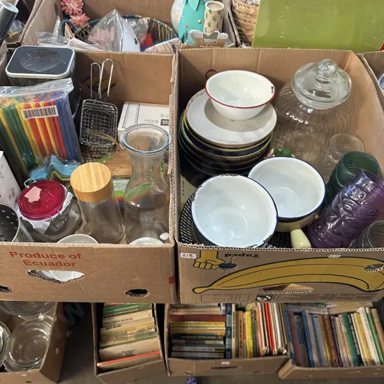 Two boxes assorted items including enamel bowls