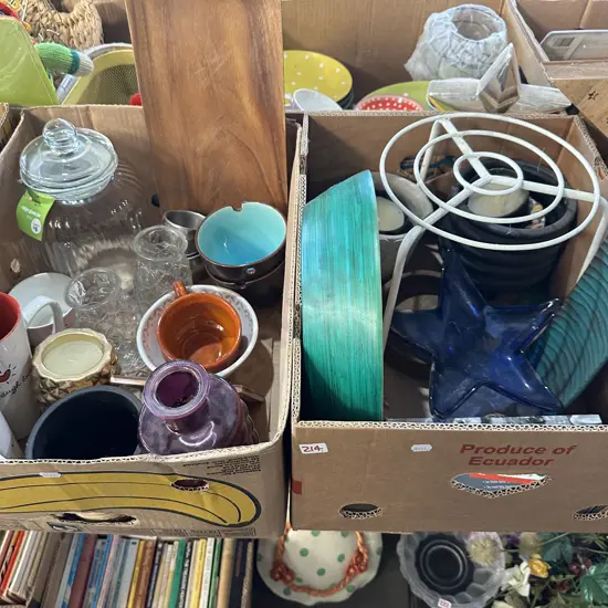 Two boxes,glass jar,planters,candles etc