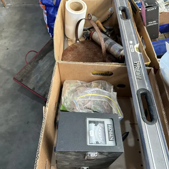 2 boxes, tester, level, meccano, girdle etc
