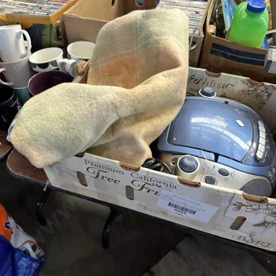 cassete deck and blanket, mugs etc