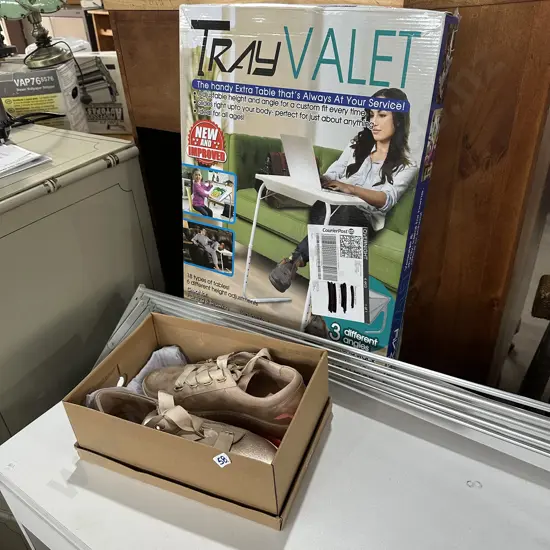 shoes, drying rack, extra table
