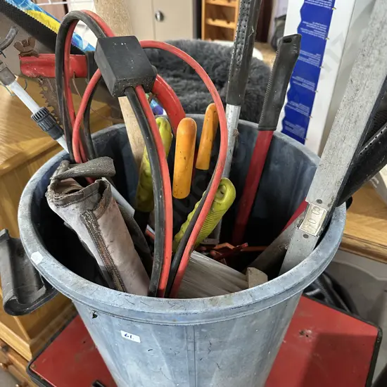bin of garden tools