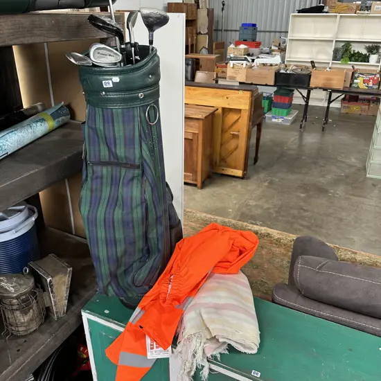 golf clubs, trousers etc
