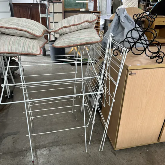 3 clothes horses, wine rack and cushions