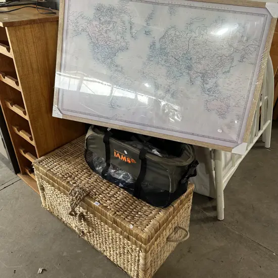 trunk and map, pet basket and throw