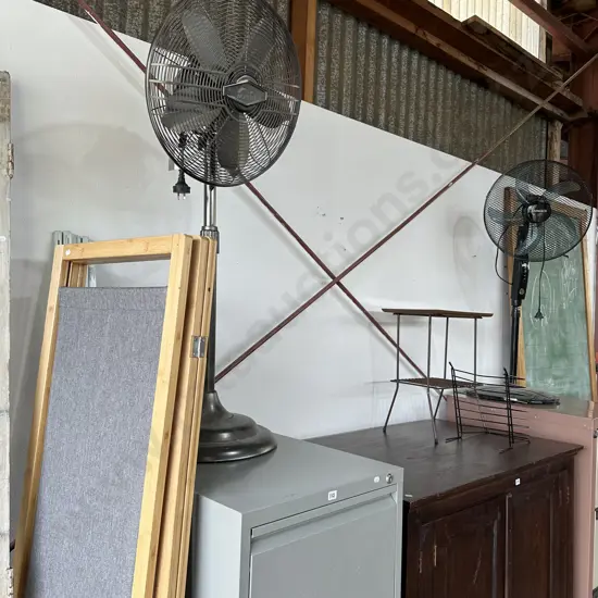 file cabinet, 2 fans, side table, broken screen etc