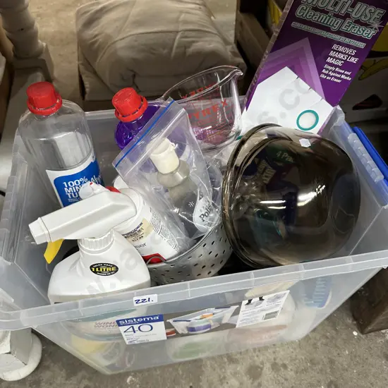 Bin of cleaning products and Pyrex etc