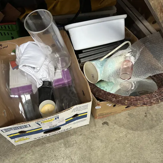 Two boxes,vases,cane mirror etc