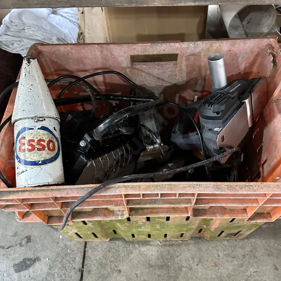 Bin of power tools,workshop light and esso oil pourer