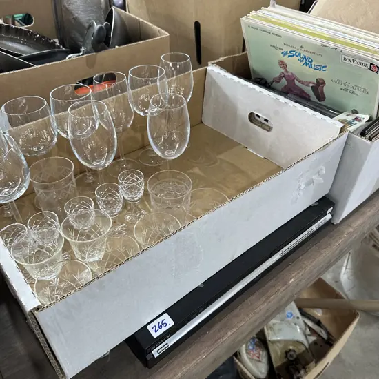 glassware and dvd player, CDs and LPs