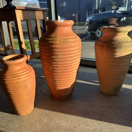 3 ribbed terracotta planters good patina 43cm to 63cm
