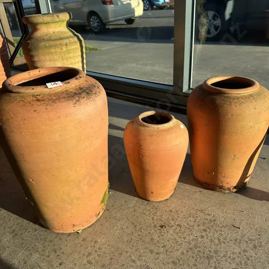 3 terracotta planters, well weathered 29cm to 45cm