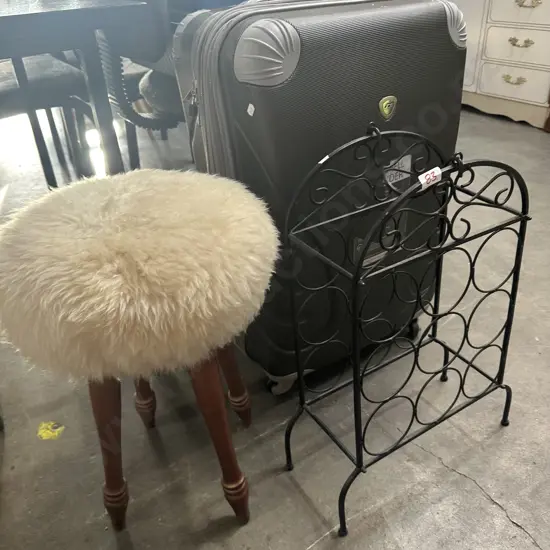 wine rack, stool and suitcase plus swappa crate