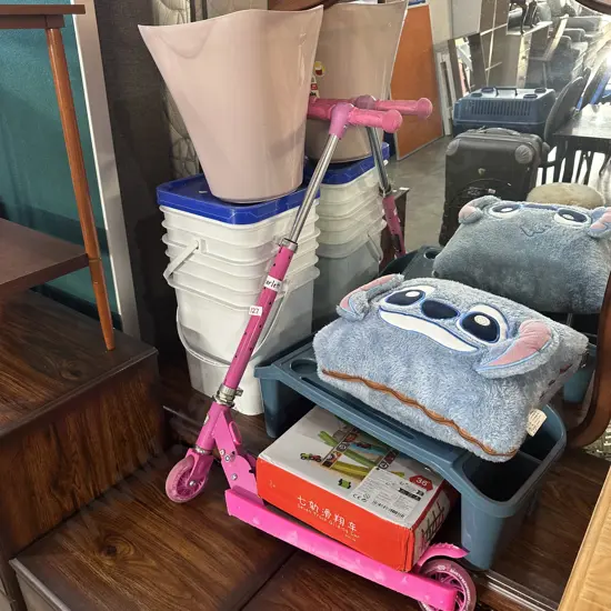 game, scooter, buckets, cushion and bin