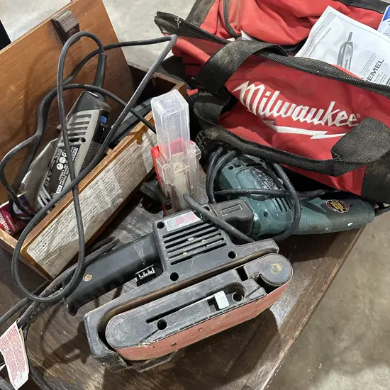Drill, sander, (Dremel not working) and tool bag