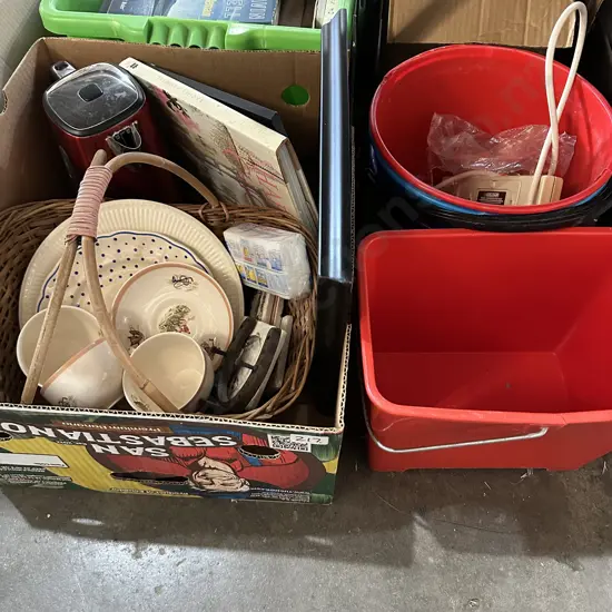 buckets, wicker basket, collectables etc