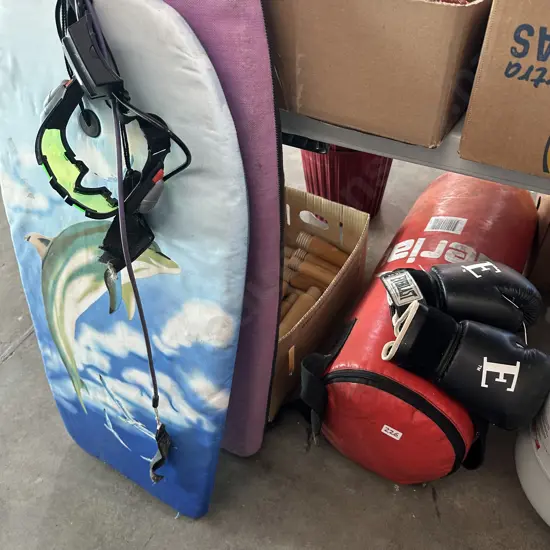 boxing bag/gloves plus 2 boogie boards
