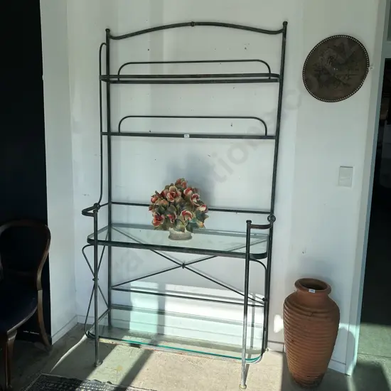 Wrought iron stand (weathered) with 2 thick glass shelves 2100 x 1170mm