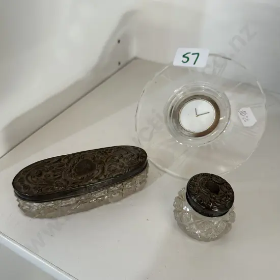 Sterling lidded jars plus clock