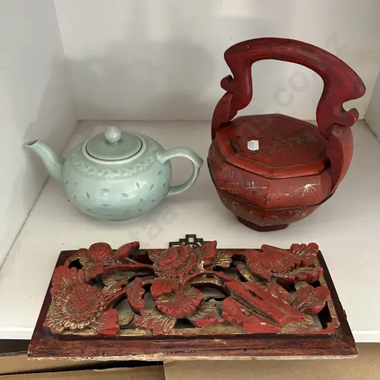 2 empty boxes, and oriental items