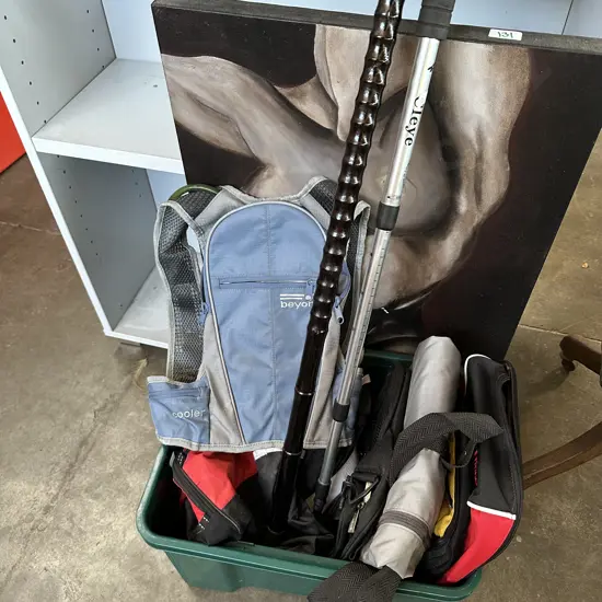 walking sticks, bin of bags and painting
