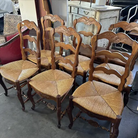 set of 6 rush seat dining chairs