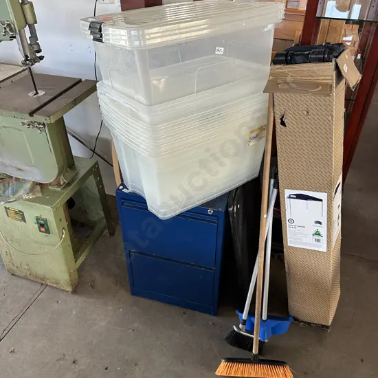 plastic bins, sweep and broom