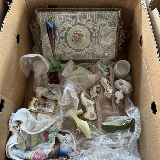 art glass, china shoes etc