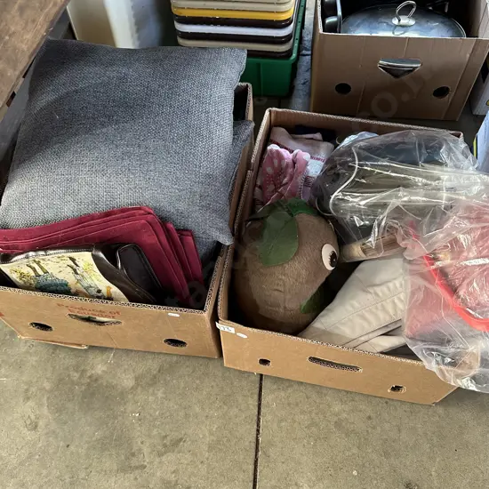 2 boxes cushions, tea towels etc