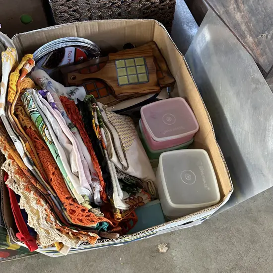 vintage table clothes and Tupperware etc