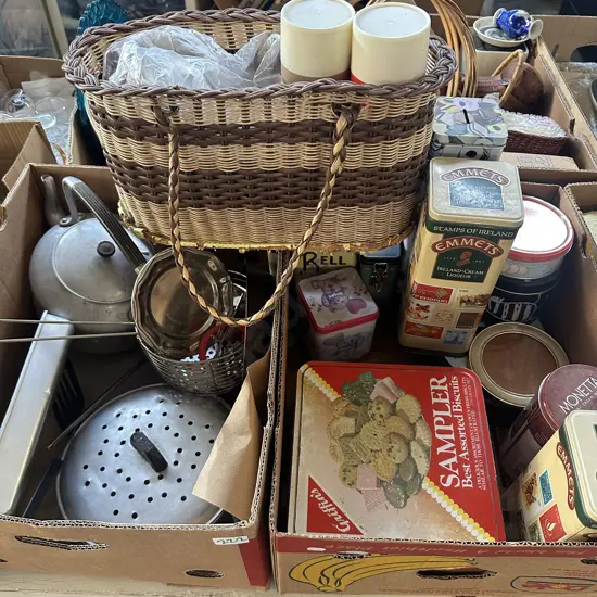 2 box kettle, picnic set , tins etc