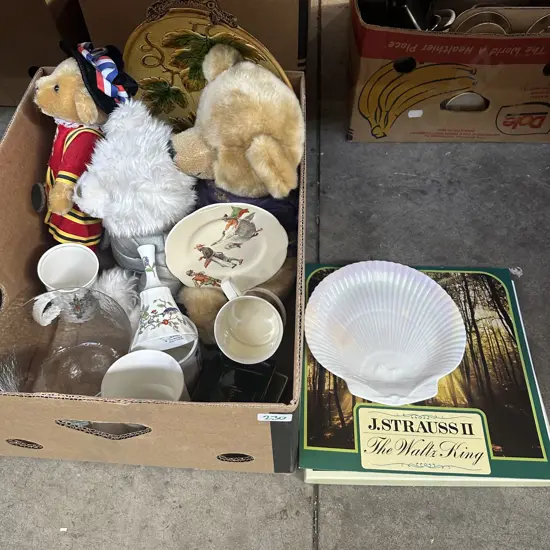 records, Wedgwood shell dish, teddy bears etc