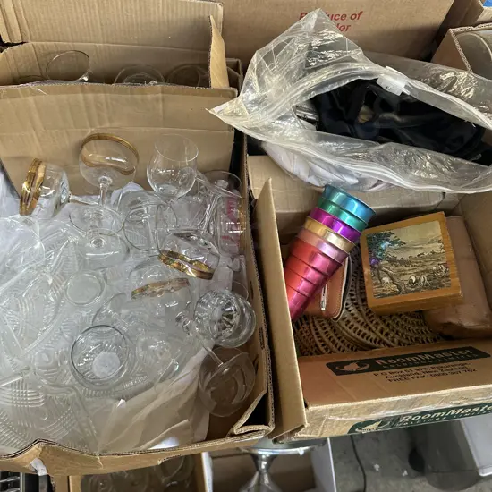 2 box of vintage beakers, glassware, clothes