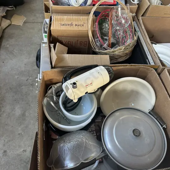 2 box wine glasses, mixer, pot etc