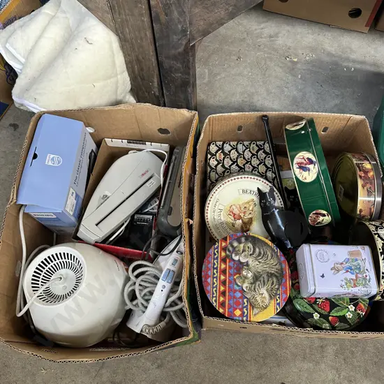 2 boxes radios, tins etc