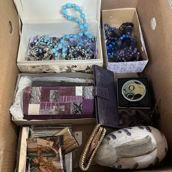 Costume jewelry and pottery, purses etc