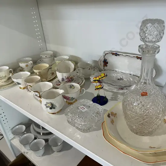 Shelf lot china decanter glass butterflies