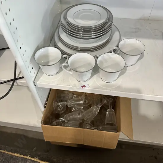 Noritake dinner set (one plate missing) plus box glasses