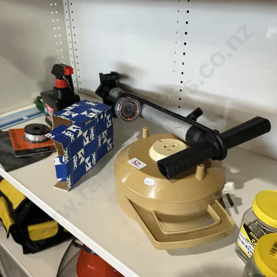 Shelf lot tyre pump,boxed laundry taps etc