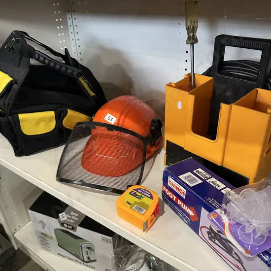 Shelf lot including tool bag etc