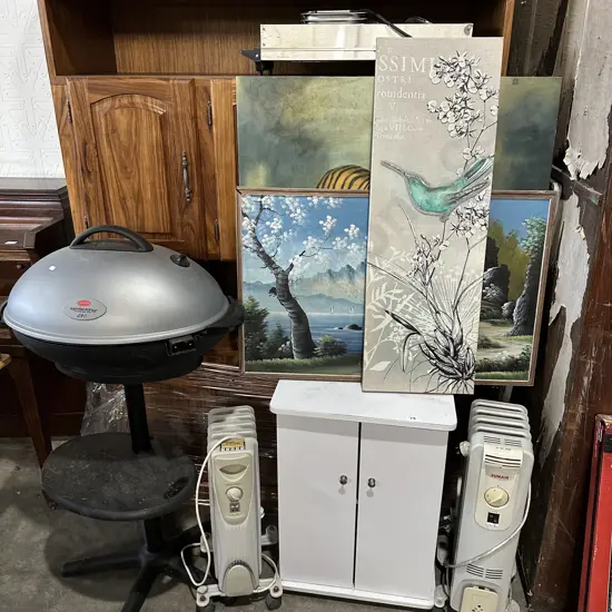 Electriv BBQ,cabinet,two heaters and pictures