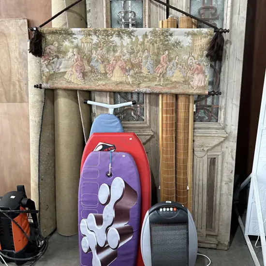 Heater,2 boogie boards and ironing board,wall hanging and Pr blinds