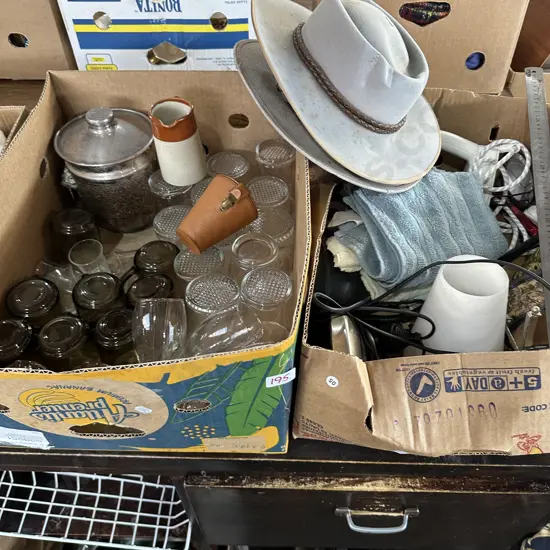 2 boxes, hats, lamps, glassware etc