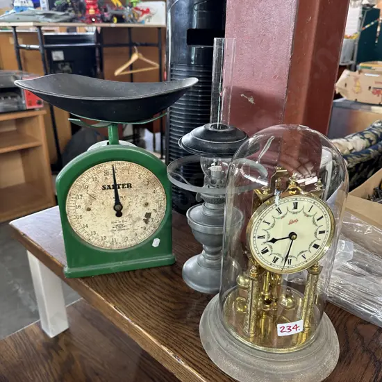 clock, lamp, scales