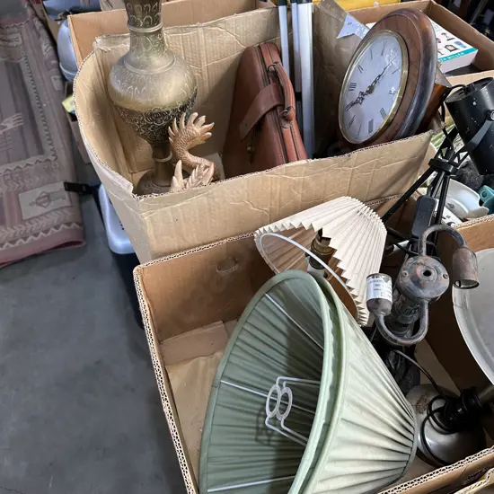 2 box large brass vase , lamps etc