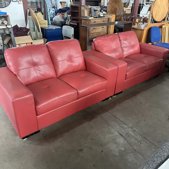 Pair of tidy red leather 2 seater sofas