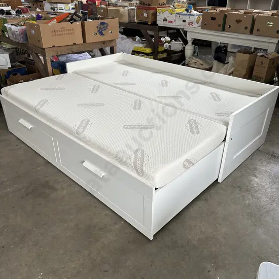 Ikea Brimnes single/queen bed with lumo organic cotton mattressess and two drawers