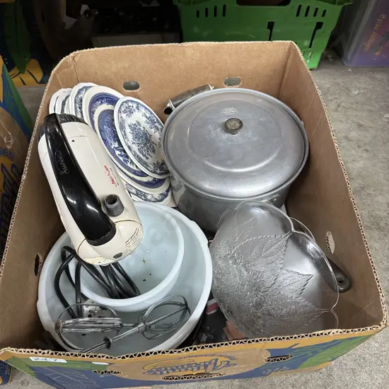 Mixer,blue and white plates etc