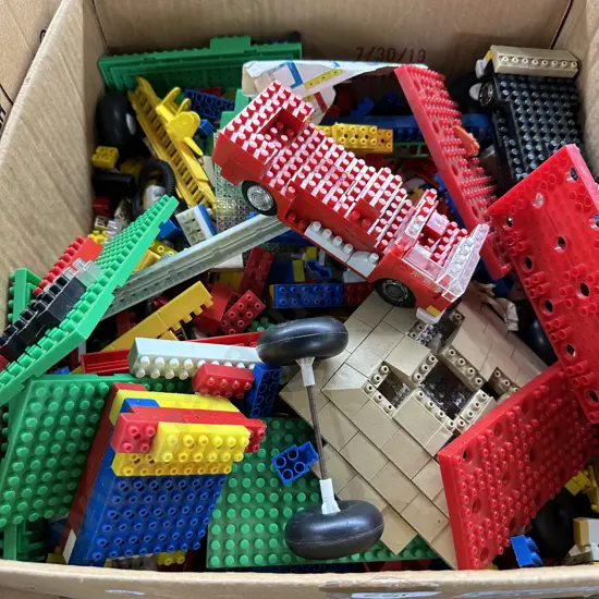 Large box full of building blocks etc