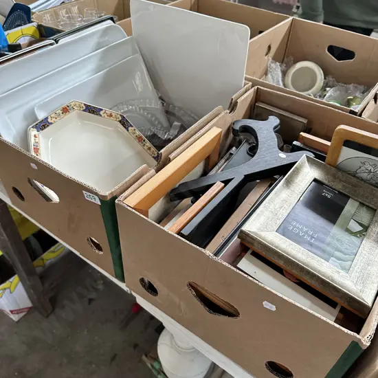 2 boxes picture frames and platters
